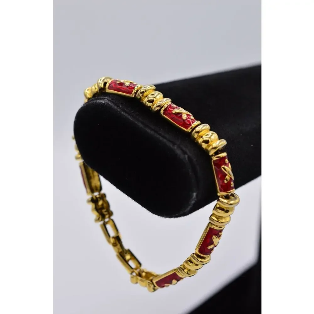 Joan Rivers Vintage Chain Bracelet Red Gold Enamel Tennis Signed 1990s Bin2